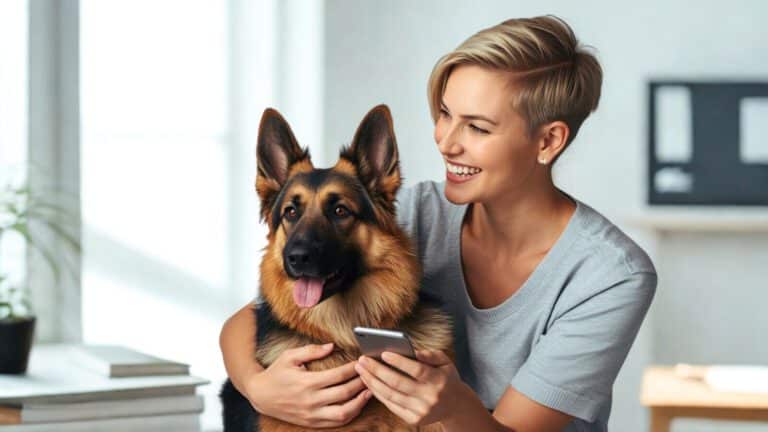 Frau mit Hund nutzt ihr Smartphone – Symbolbild zur Entscheidung: PKV, GKV oder pauschale Beihilfe für Beamte.