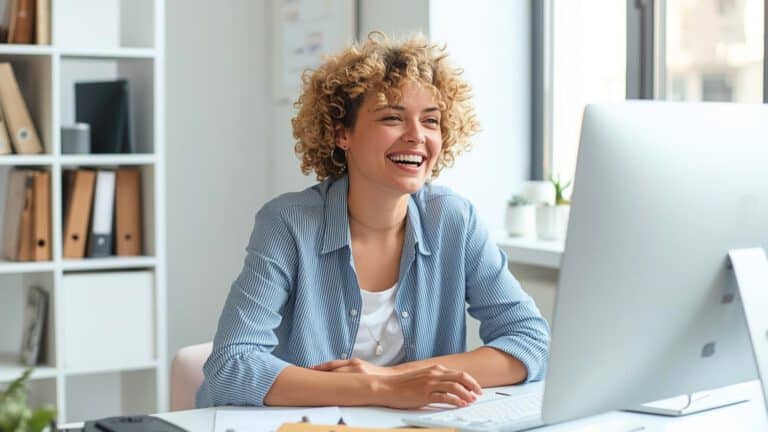 Junge Frau sitzt lächelnd am Rechner im Büro – Symbolbild für PKV für Beamte mit Beihilfe.