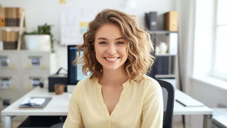 Junge Frau sitzt lächelnd am Schreibtisch in einem hellen Büro – Symbolbild für Beratung zur privaten Krankenversicherung (PKV) für Beamte.