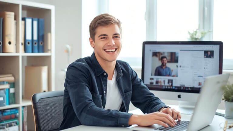 unger Mann sitzt lachend am Schreibtisch im Büro – Symbolbild für Wechsel prüfen, wenn Beamte mit ihrer PKV unzufrieden sind